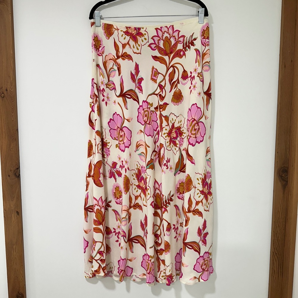 Tahari Womens XL Floral Viscose Maxi Skirt Pink Orange Cream Flowy Pull On